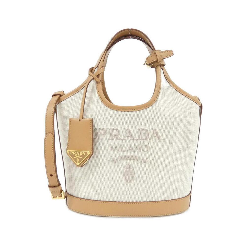 Prada bucket bag prominent front logo Beige White